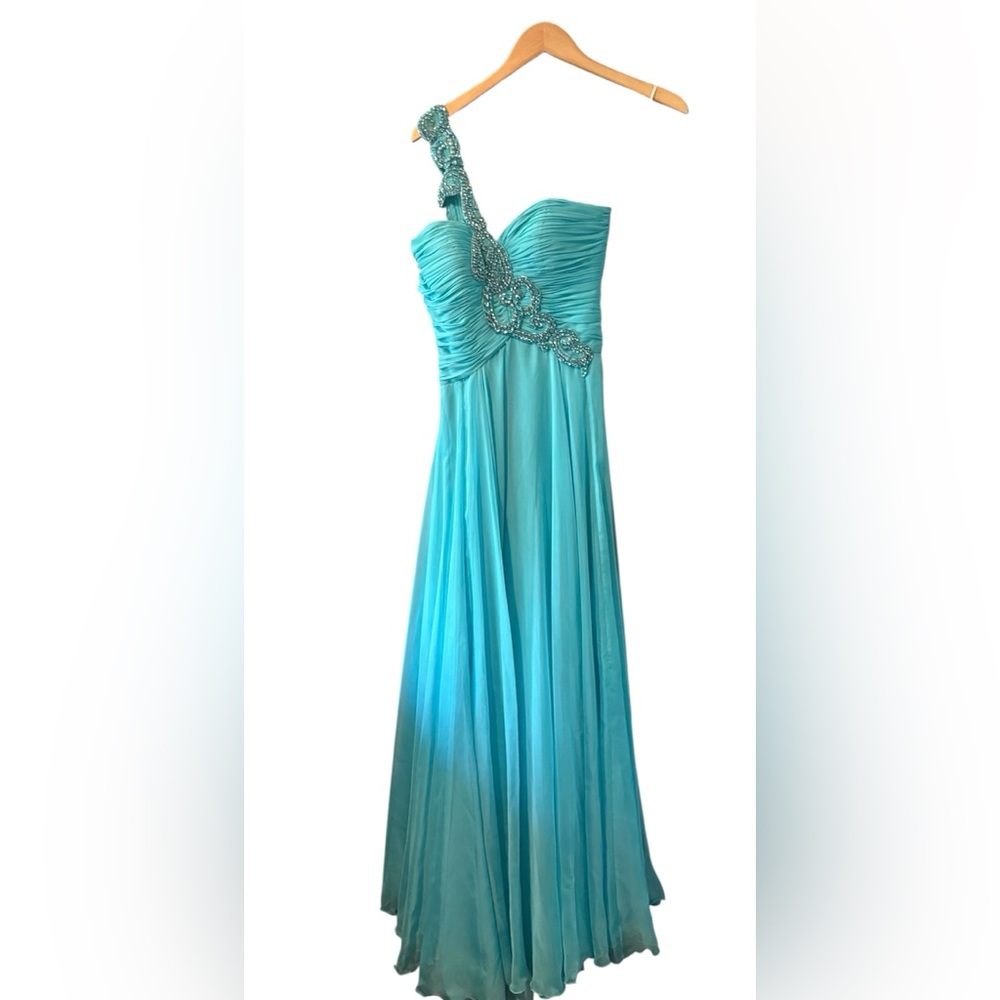 Sherri Hill New With Tags Ruched One-Shoulder Prom Gown Style 1456 in Aqua